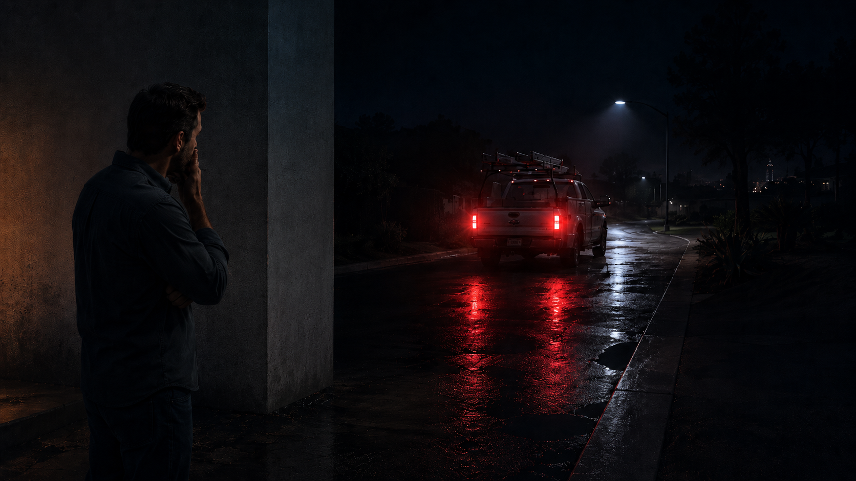 A contractor truck driving away at night after a completed service call